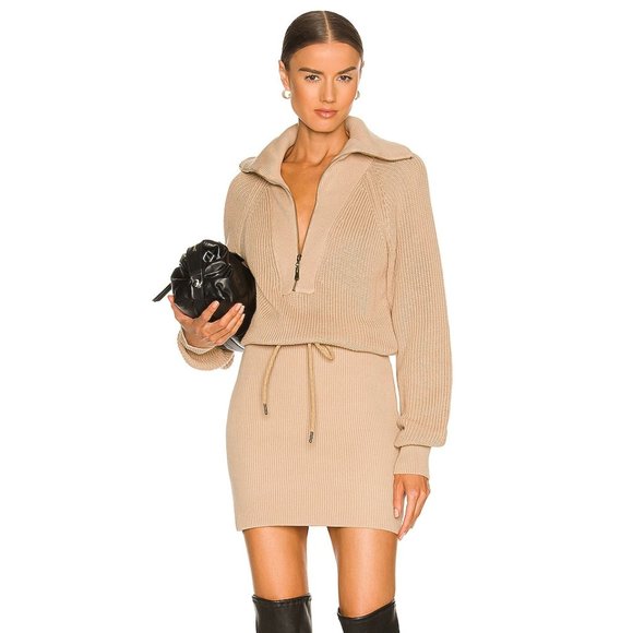 SER.O.YA Dresses & Skirts - NEW SER.O.YA Carly Mini Sweater Dress in Tan Nude Cotton Long Sleeve Zip Small S
